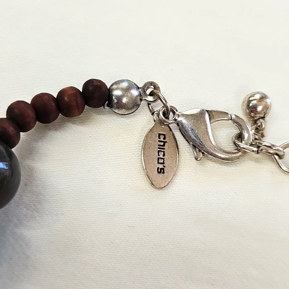CHICO'S Beaded Turquoise Brown Necklace Silver Accents & Wood Pendant